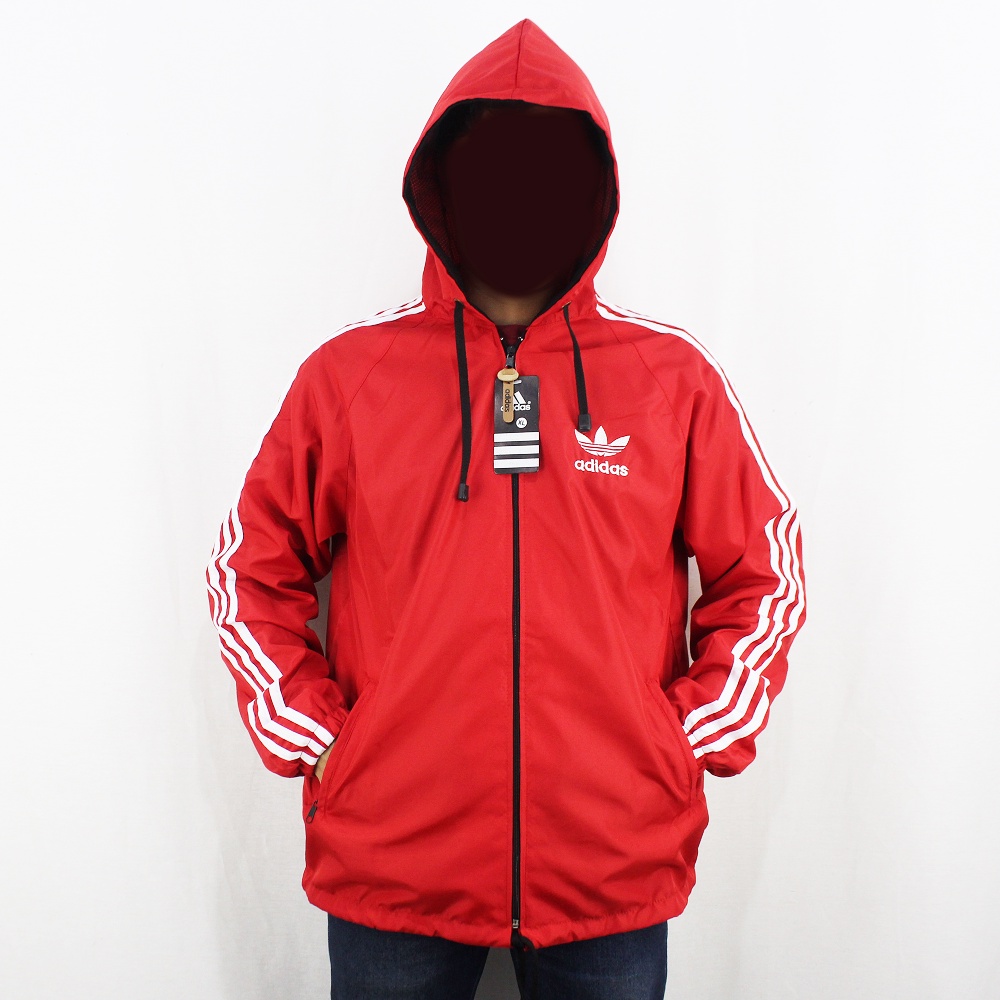 JAKET PARASUT JUMBO ADIDAS WINDBREAKER MERAH LIST PUTIH - JAKET OLAH RAGA PRIA -JAKET JUMBO XL XXL - JAKET TRAINING - JAKET LARI