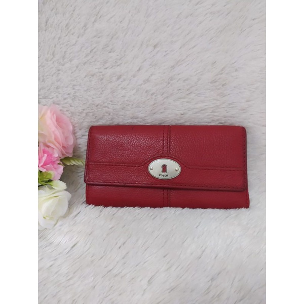 ~ Dompet Fossil Marlow Trifold Red Maroon Leather Authentic | Dompet Fossil maddox Maroon