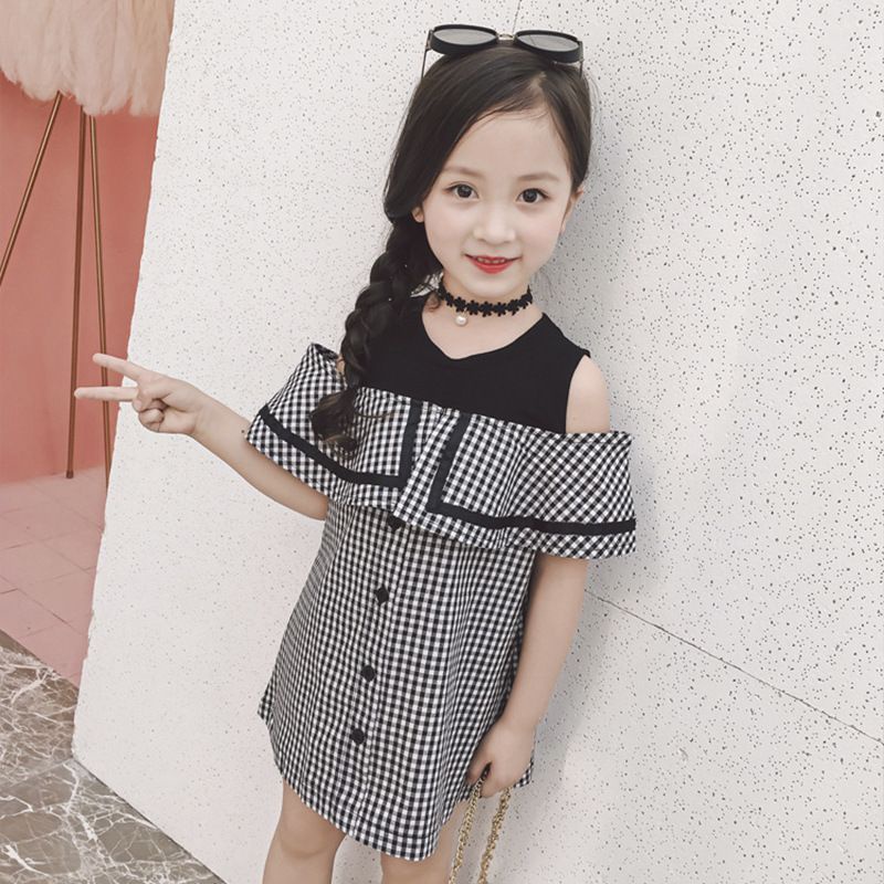 Dress Anak Perempuan Style Sabrina Kerah Kotak Hitam