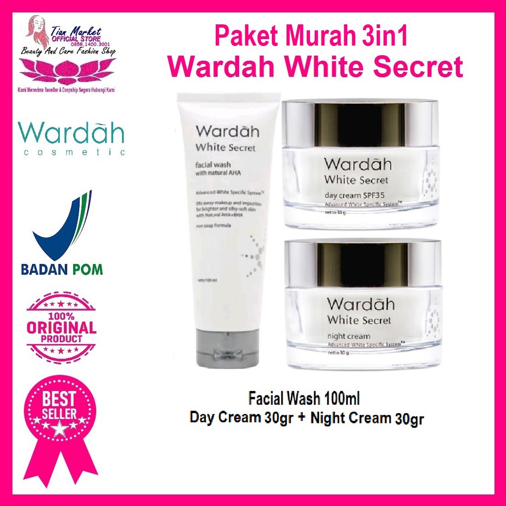 Wardah White Secret Paket 3in1 Murah Face wash Day Night Cream Besar Halal Bpom