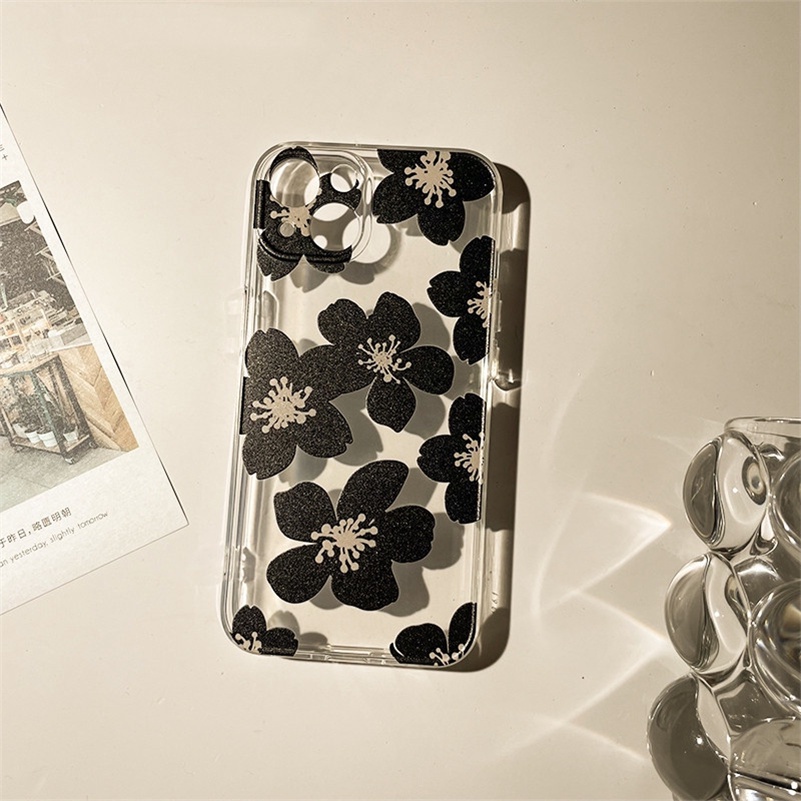 Soft Case Silikon Transparan Motif Bunga Hitam Untuk Compatible for iPhone 14 13 12 11 Pro Max X Xr Xs Max SE 8 7 6 6s Plus Black Flower Clear Phone Case Soft Silicone Shockproof Phone Cover