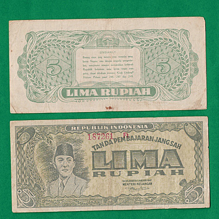 UK 214 UANG KUNO ASLI 5 RUPIAH SERI SOEKARNO TAHUN 1947 UANG LAMA INDONESIA SUKARNO MAHAR PERNIKAHAN