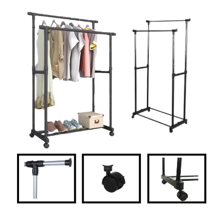 Stand Hanger DOUBLE Rod Rack Gantung rak Serbaguna Baju Gantungan Laundry Pajangan