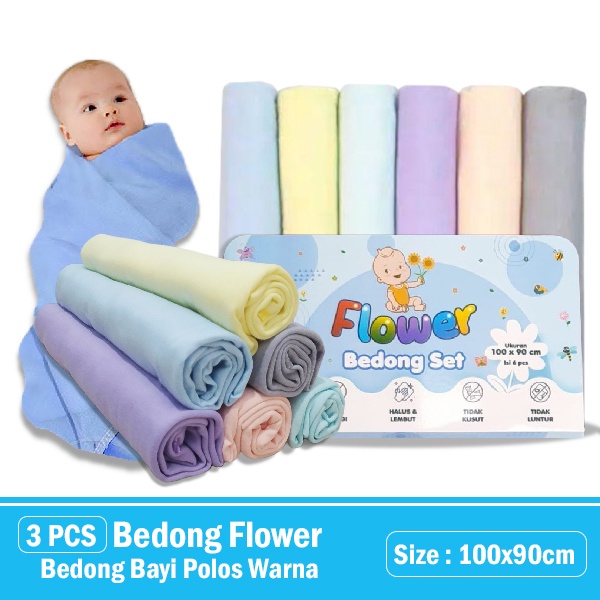 3 Pcs Bedong Bayi Flower Polos Bedong Bayi Halus &amp; Lembut 100x90cm