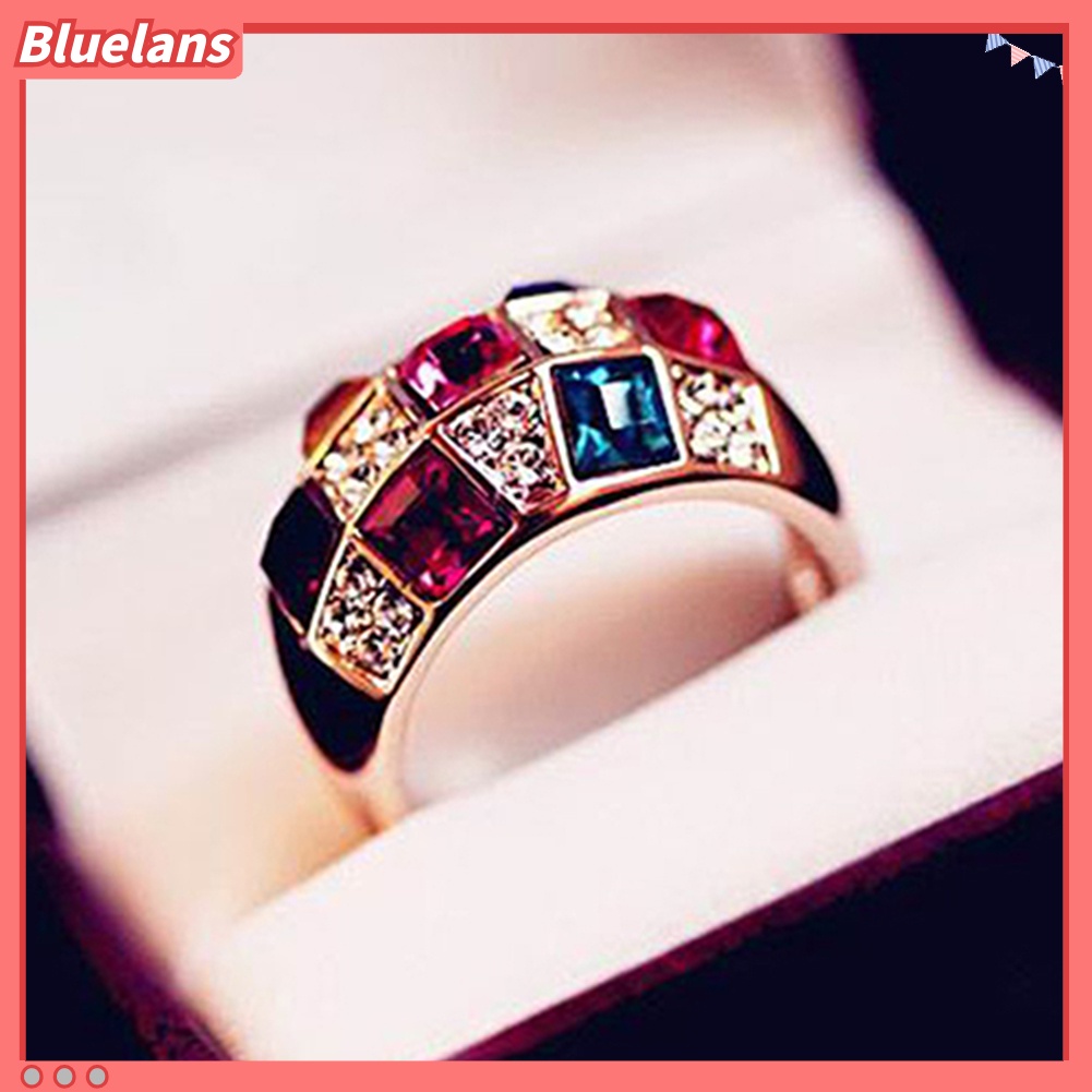 Bluelans Cincin Wanita Bahan Alloy Aksen Berlian Imitasi Warna-Warni Untuk Pesta Cocktail