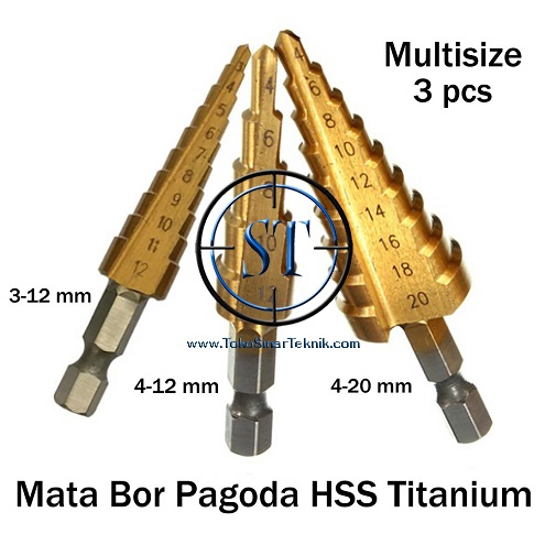 Mata Bor PAGODA TITANIUM 3 Set Lurus/Tangga Drill Bits Size Paket 4-12mm 4-20mm 3-12mm