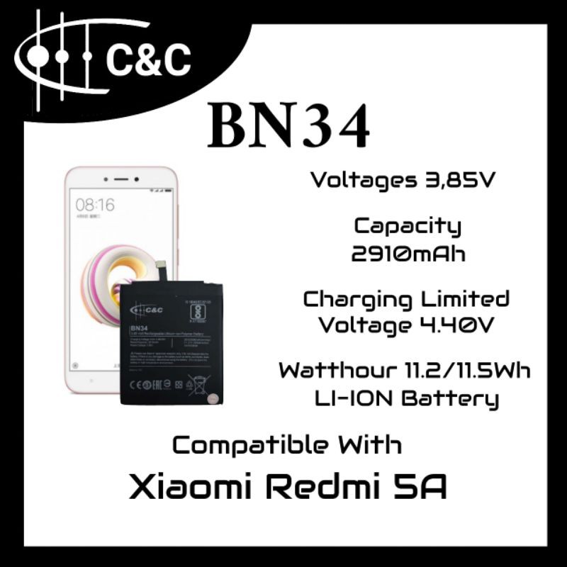 BATERAI BATRE XIAOMI REDMI 5A - BN34 - BATTERY C&amp;C DOUBLE POWER