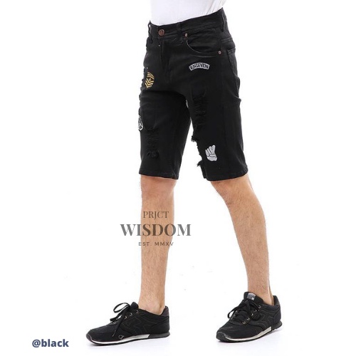 Wisdom Project Short Pants Ripped  Skinny Jeans Celana Pendek Pria Sticker Motive Material Denim Softjeans Stretch ORIGINAL - Black