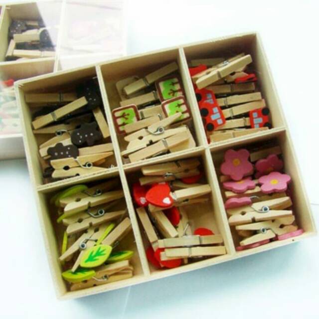 GROSIR 42pcs wooden clip 3cm FREE BOX penjepit foto polaroid