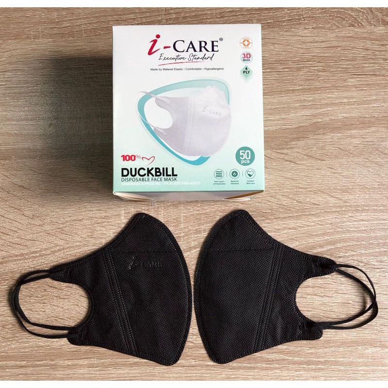 MASKER DUCKBILL I-CARE HITAM 4 PLY DISPOSABLE FACE MASK ISI 50 PCS