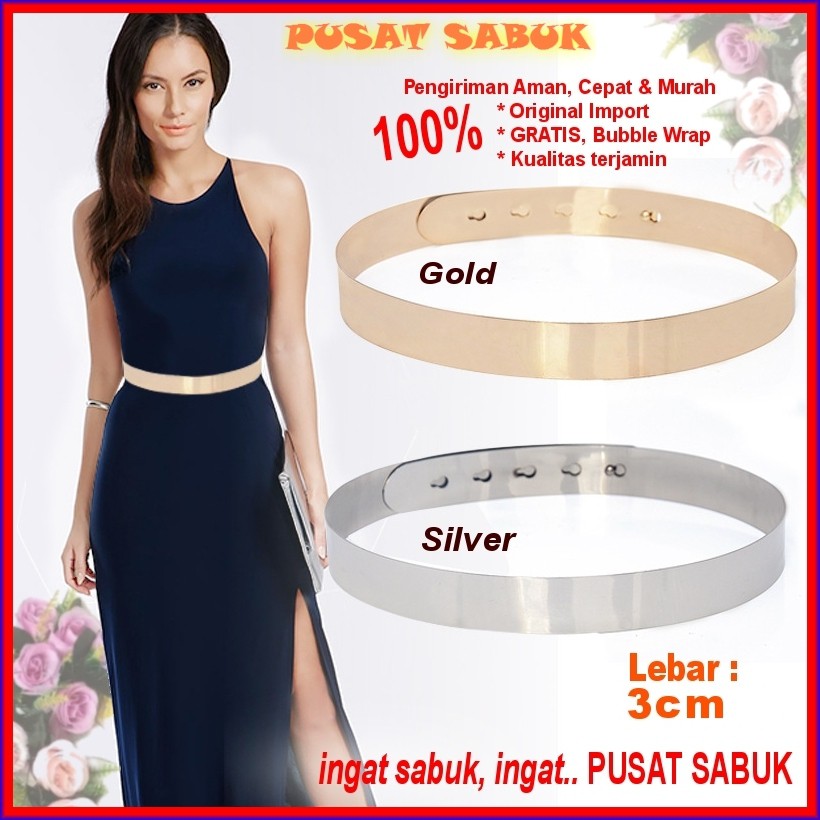 Gesper Ikat Pinggang Wanita Plat Sabuk GOLD Fashion Obi Women Belt 3 cm Aksesoris cewek Impor Murah