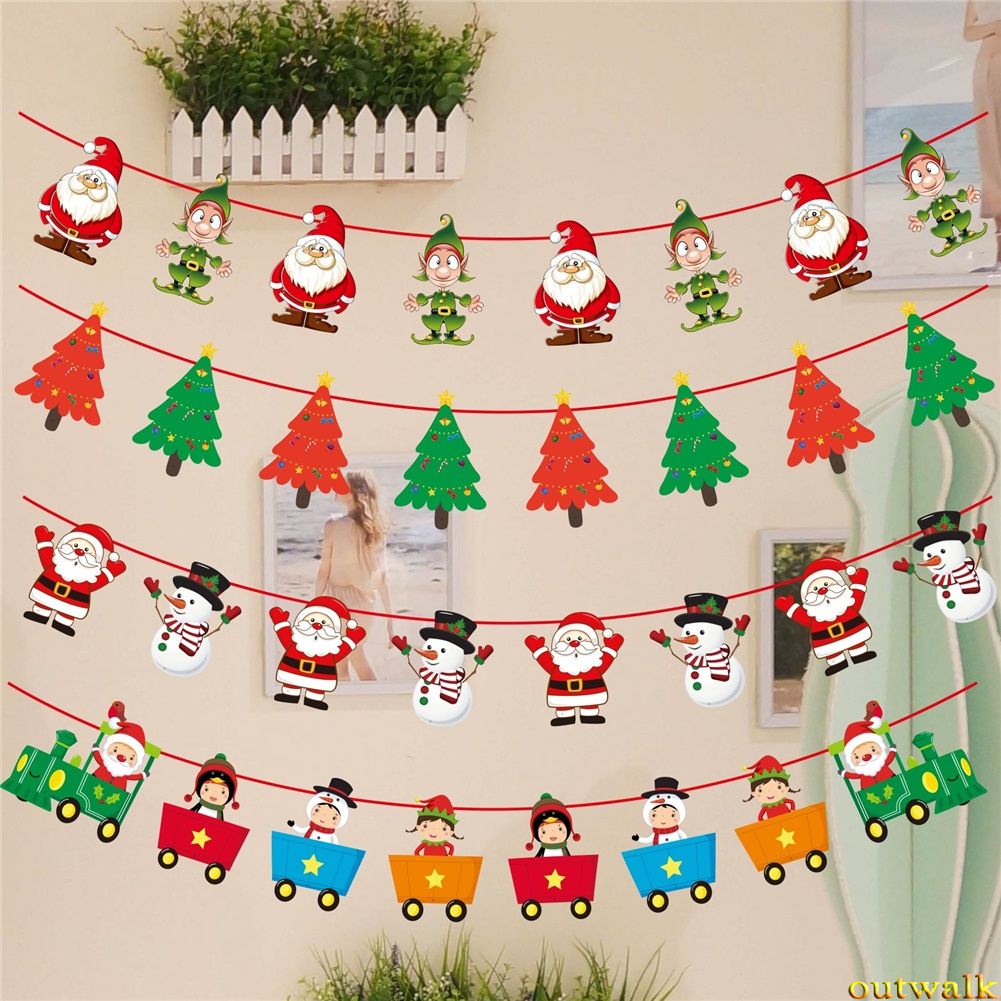 Christmas Santa Claus Paper Window Hotel Scene Decoration Pulling Flag Bunting Hanging Flag OW