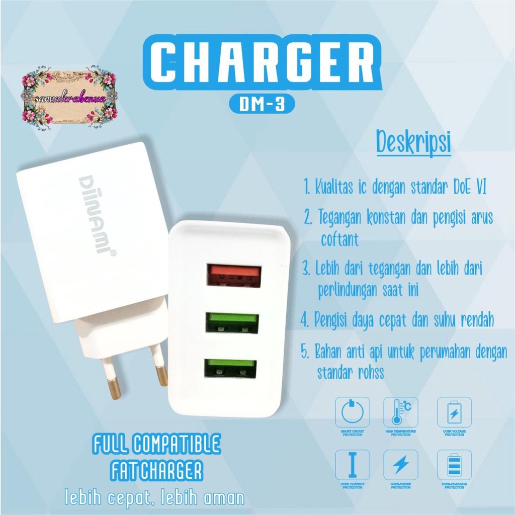 BM101 ADAPTOR BATOK CHARGER DIINAMI DM-3 3USB PORTS QUALCOM android &amp; iPhone garansi 1tahun SB2585