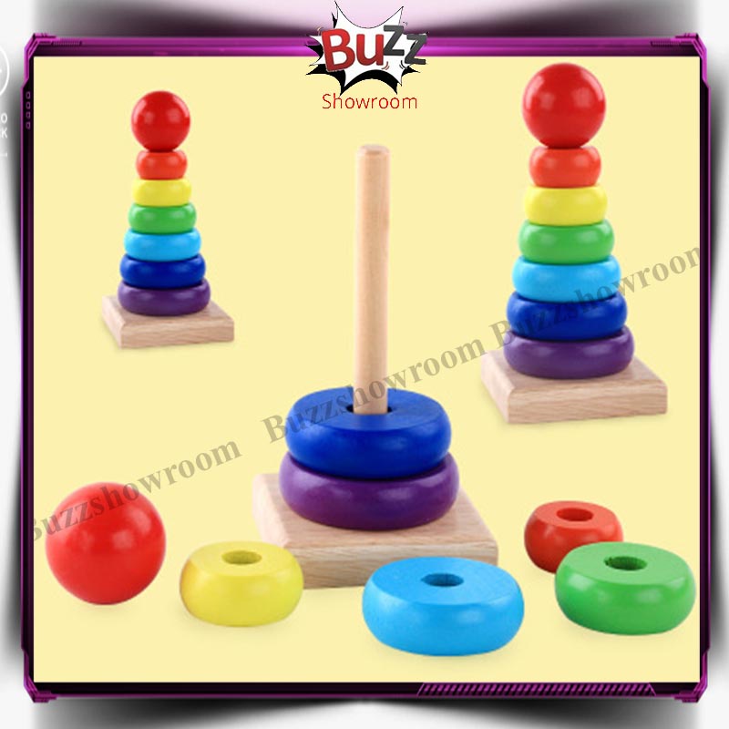 Rainbow Tower Ring Donat Pelangi Kayu Mainan Anak Bayi Montessori Wooden