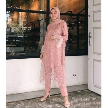 Stelan Celana tunik brukat tile set baju pesta brokat tile set celana pesta kondangan elegan terbaru