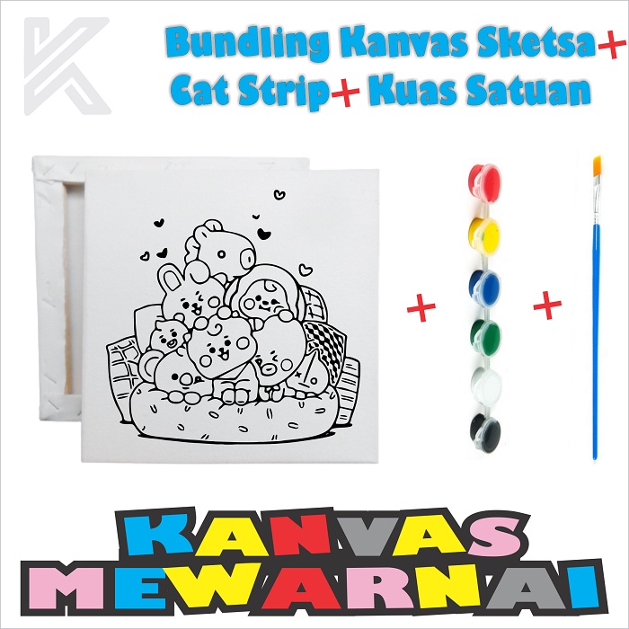 

BUNDLING Mewarnai Kanvas Sketsa Gambar 20x20 cm + Kuas Satuan + Cat Strip 3 ml