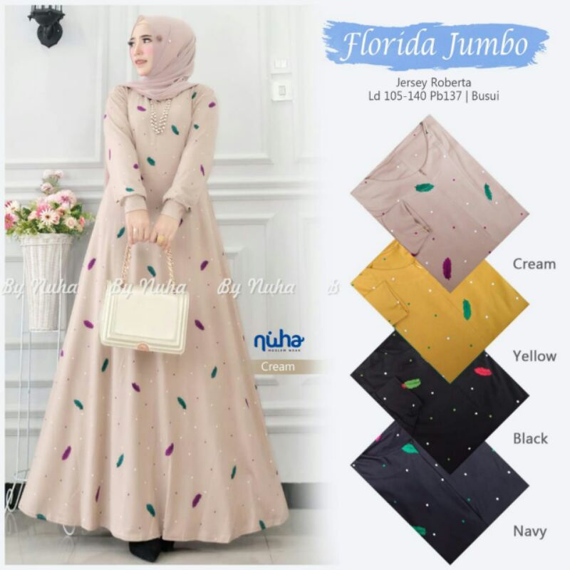Elmecca Gamis Jumbo Ld 140 XXXXL Bahan Jersey Busui Zipper Motif Bulu Florida Jumbo Terbaru