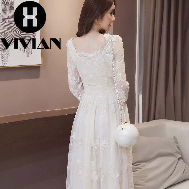 ?VIVIAN? Dress Midi Wanita Square Neck Lengan 3/4 High Waist Slim Rok Swing Bahan Lace Gaya Korea