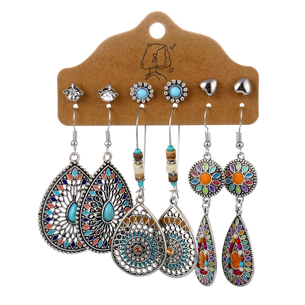 12pcs Set  Bohemian Earrings Set Ethnic Ladies Feather Sun and Moon Pendant Earrings Statement Women's Fashion Jewelry