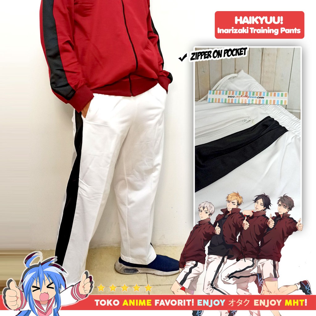 Celana Sport Training Pants Anime Cosplay Putih Garis Hitam Inarizaki