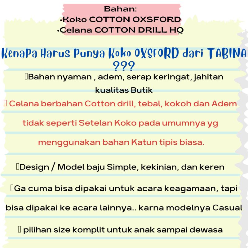 Setelan Koko Kemeja Anak Lengan Panjang dan Lengan Pendek Tabina seri Adam dan Ustman usia 1 tahun - 16 tahun