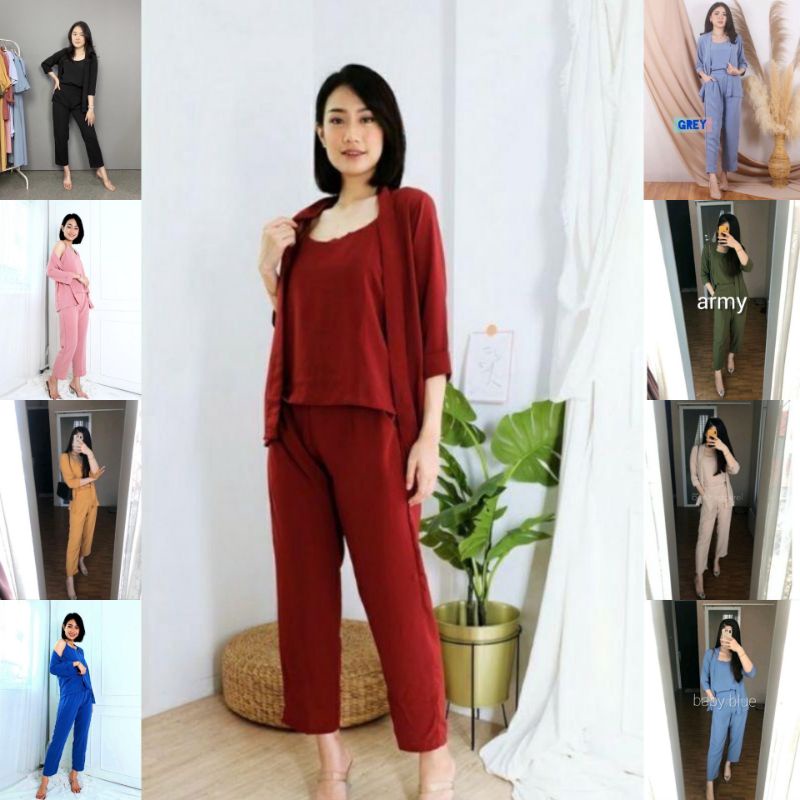 READY STOK  SETELAN WANITA TERBARU SET 3 IN 1  // SET MIRABETH MATT CREPE FURANO  // SETELAN TANKTOP