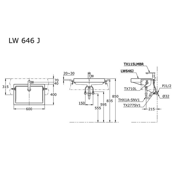 Wastafel TOTO LW 646 J White Body Only SEMI TANAM