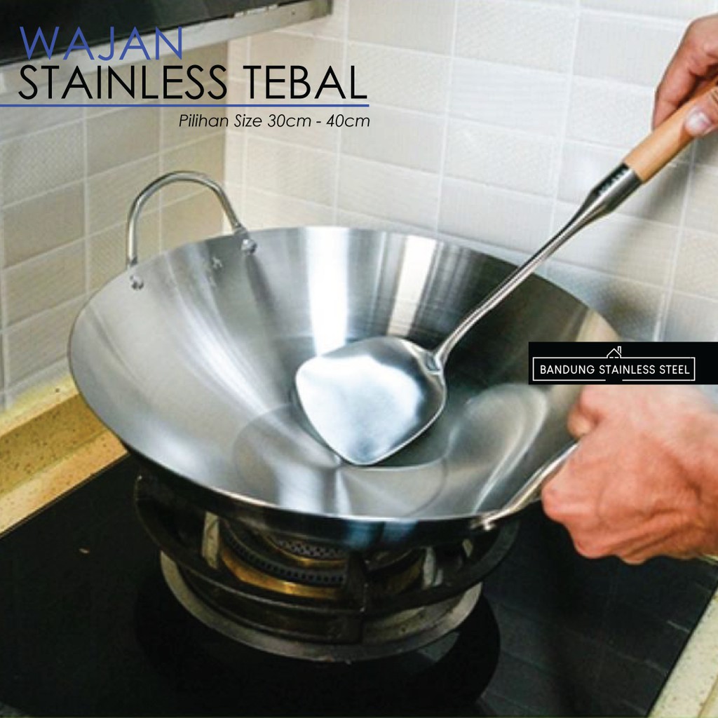 Wajan Penggorengan Stainless Steel Tebal Wok Kuali Goreng 30cm 32cm 34cm