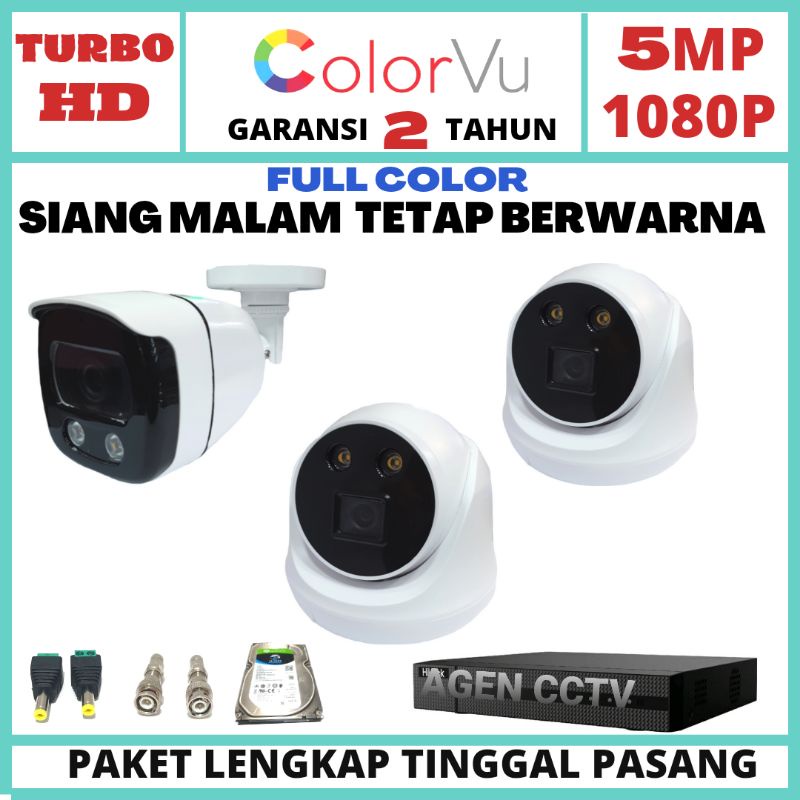 PAKET CCTV COLORVU 4 CHANNEL 3 KAMERA LENSA 5MP 1080P IR SONY GELAP TETAP BERWARNA