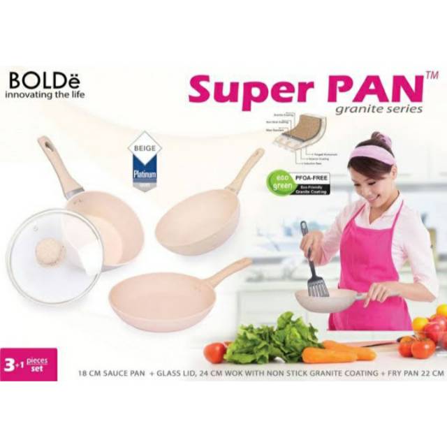 Panci Super Pan Bolde Set (Panci Set) 3 pcs + 1 Glass Lid Granite Beige