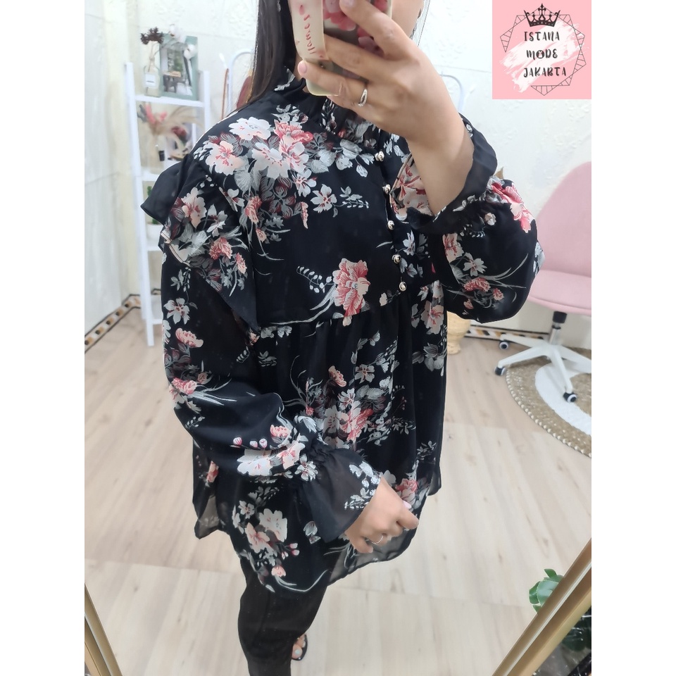 ISTANA MODE JAKARTA Zira baju atasan wanita terbaru blouse korean style blouse wanita lengan panjang-HITAM