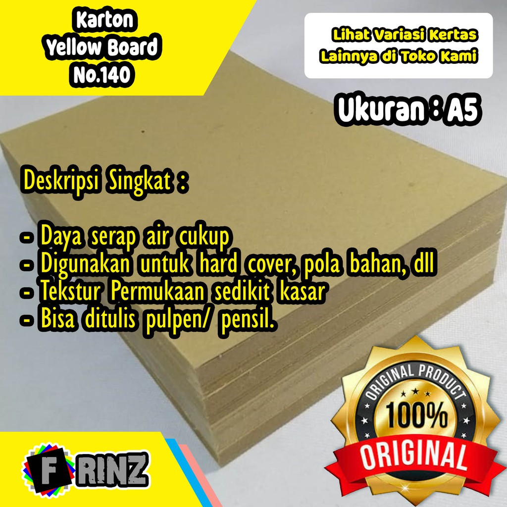 

Kertas Karton Kuning Bot No. 140 Uk. A5 / Carton Yellow Board / Hard Bord Cover Packing High Quality No 140