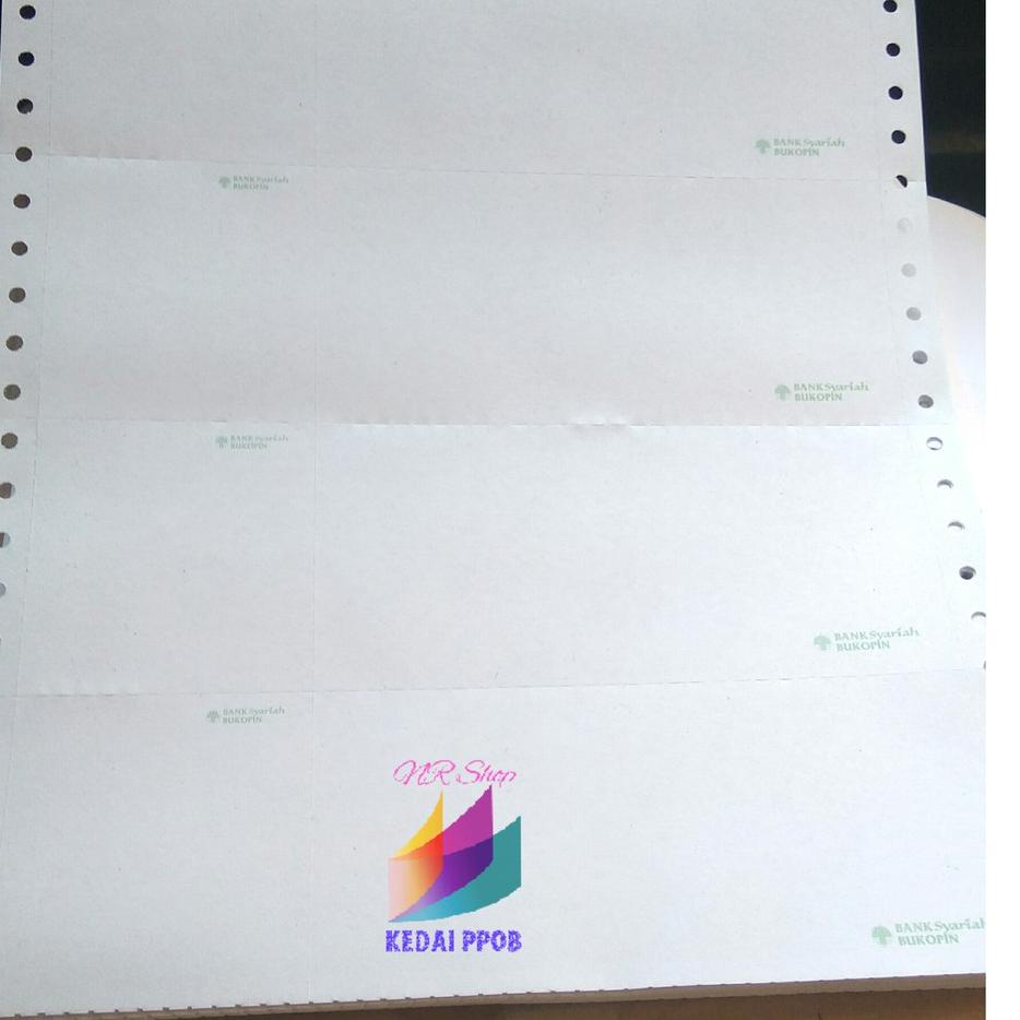

[PROMO WZT92] Kertas Continuous Form Struk PPOB PLN A4 Dibagi 4 Rangkap 1 Eceran Logo Bank BSB ( BUKOPIN Syariah) Ready