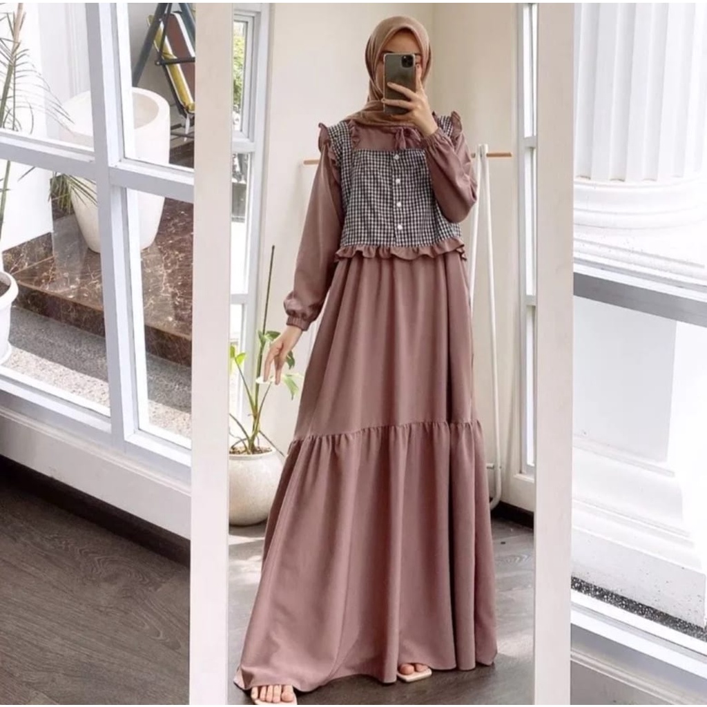 GAMIS OUTHER BAJU MUSLIM MOTIF KOTAK | DRESS WANITA KEKINIAN | TERLARIS | PROMO FLASH SALE