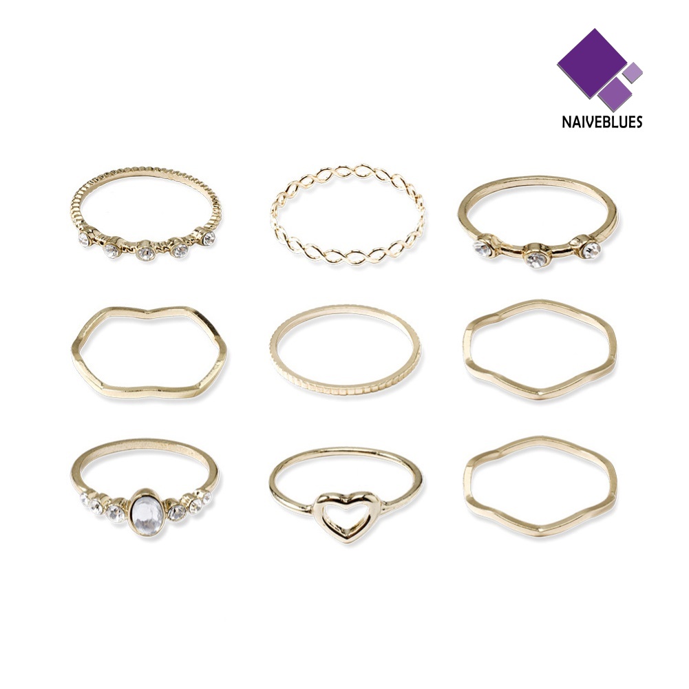 9pcs / Set Cincin Jari Wanita Model Gelombang Hati Hollow Hias Mutiara Imitasi Untuk Pesta