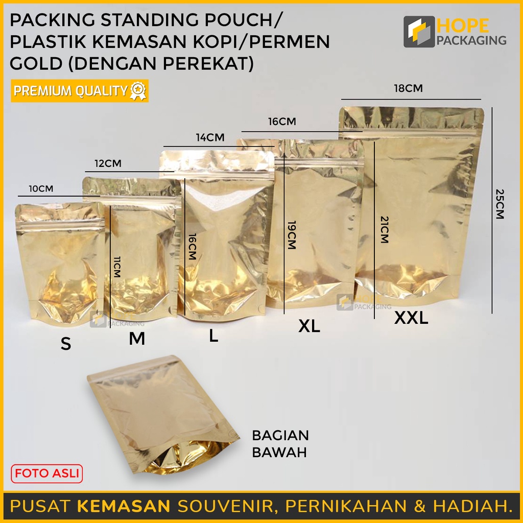 [  5 pcs ] Standing Pouch Gold / Plastik kemasan Kopi / Permen Gold (dengan perekat)