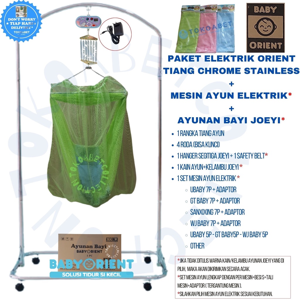 Paket Tiang Ayunan Elektrik Portable GT Baby/WJ Baby dan Tiang ORIENT CHROME STAINLESS Kain Kelambu Warna sebagai Perlengkapan Tidur Bayi sesuai Kebutuhan Anak TOKOABET