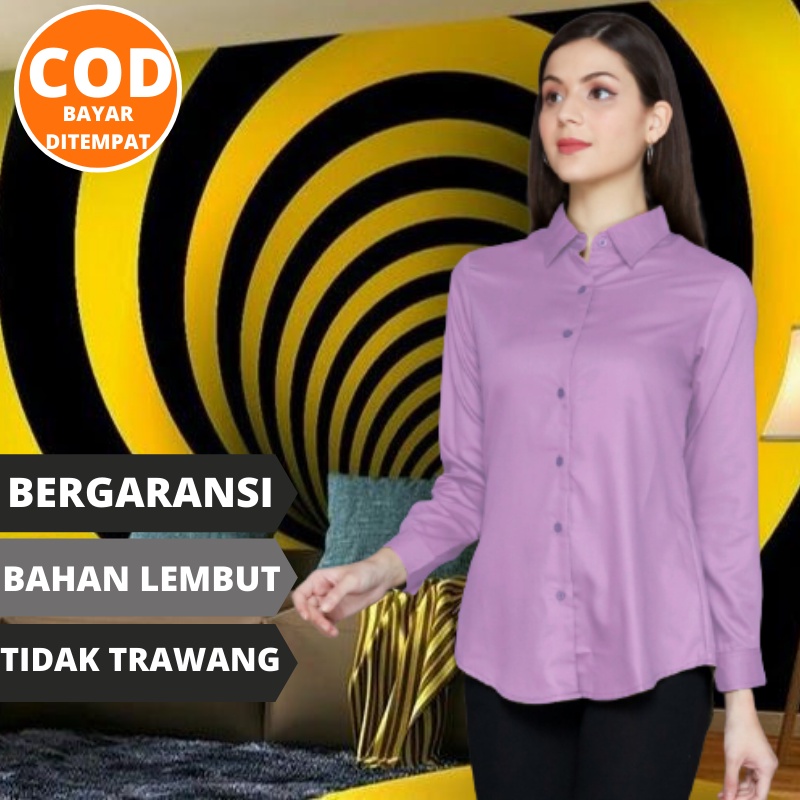 Baju Kemeja Atasan Wanita Lengan Panjang Terbaru Ungu Lilac Polos Bergaransi Kekinian Murah