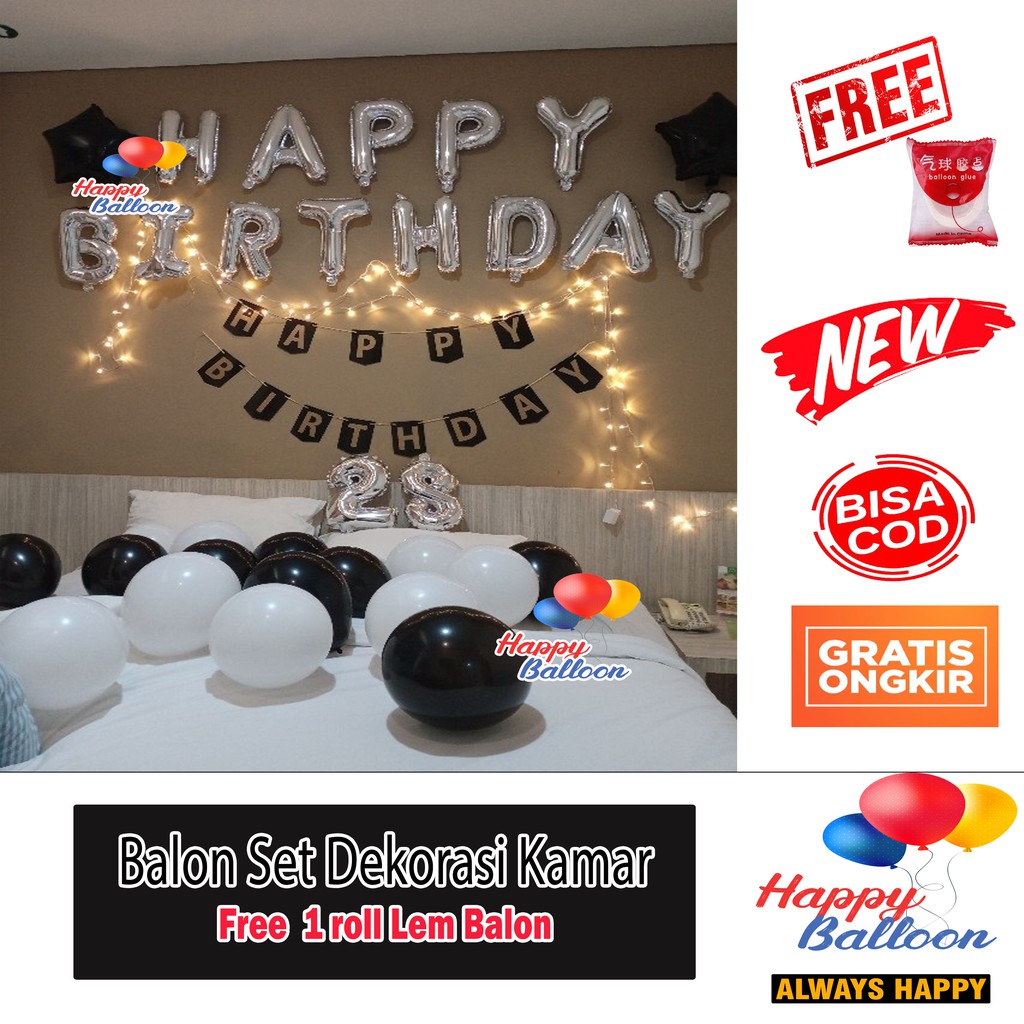 Balon Ulang Tahun Dekorasi set Black White | Paket Ulang Tahun dekorasi Premium Hitam Putih