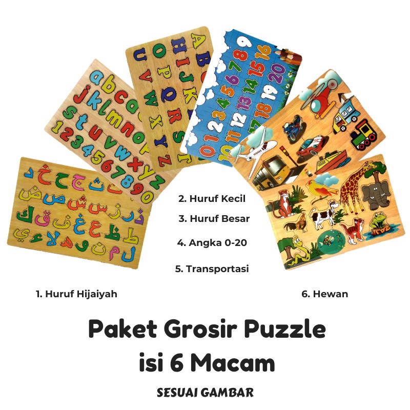 Rapid Toys Isi 6/ Paket Puzzle Kayu Edukasi Murah / Huruf Hijaiyah Besar Kecil Angka Hewan Transport