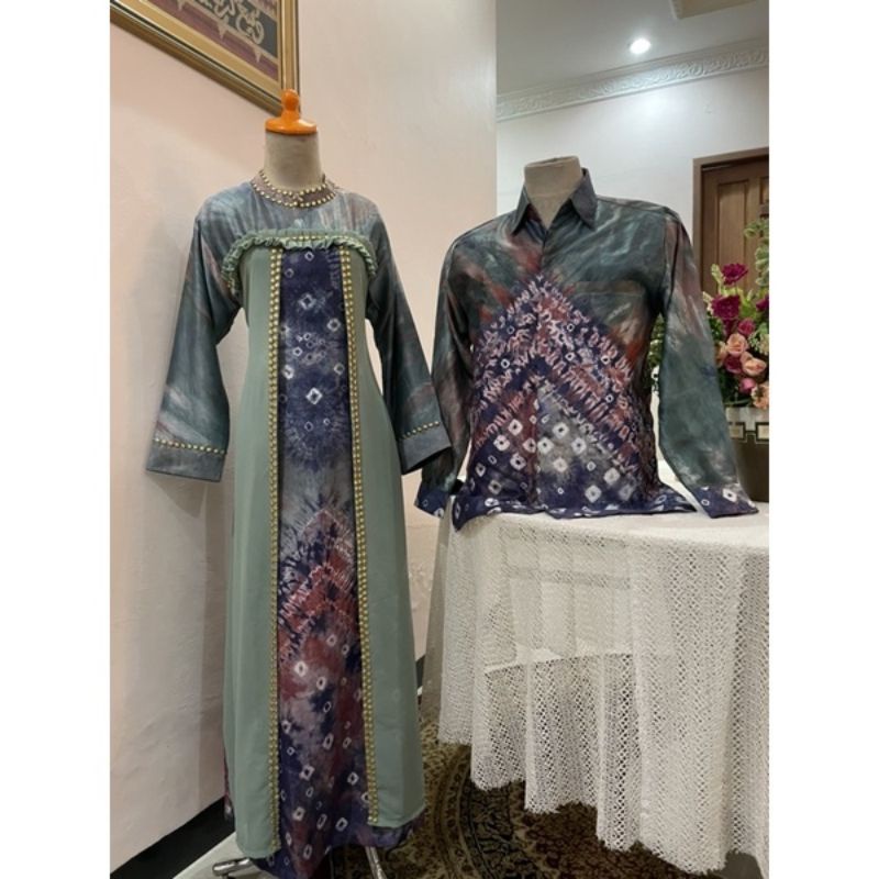 Couple Gamis dan Kemeja Jumputan Khas Palembang/Jumputan Palembang