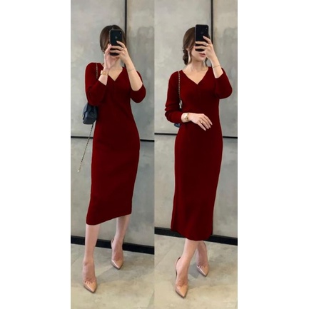 MDLV ~ Dress Monica Rajut Dres Rajut Bodycon Long Dress Lengan Panjang Fashion Wanita