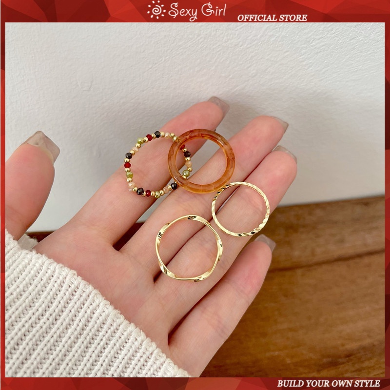 Cincin Model Tumpuk Warna Polos Gaya Korea Untuk Wanita