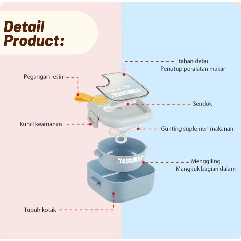 Kotak Bekal Makan Anak Sekolah Balita Lunch Box 2IN1 Anti Tumpah Set Mangkok Sendok Gunting