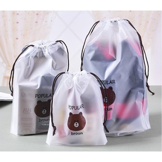 Travel Pouch Brown Tas Kosmetik Plastik Serut Waterproof Serbaguna