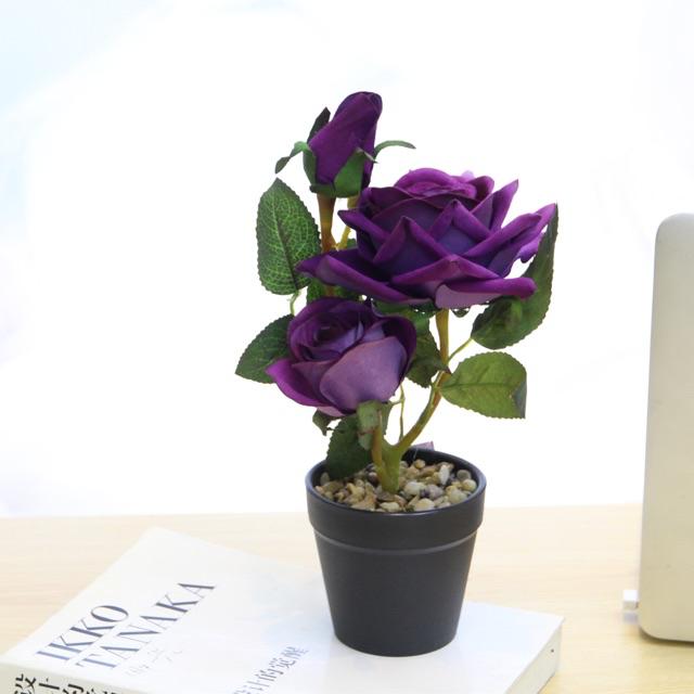 AM502 Bunga Plastik Motif Rose Keranjang Hitam / Bunga Plastik Artificial-Ungu
