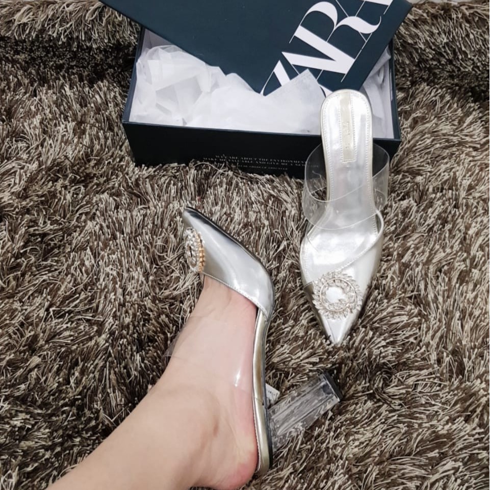 ZR Silvery Vinyl Transparan Heels Mule 451