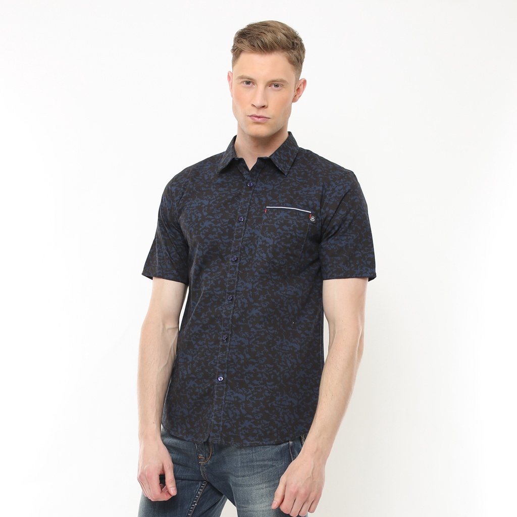 Johnwin - Kemeja Casual - Kemeja Pria - Kemeja Lengan Pendek -  Corak Batik - Hitam - Biru - ASH.670
