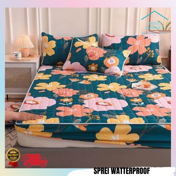 Sprei Waterproof / Sprei Protector bermotif / Sprei anti air ukuran 180x200CM SPREI WATERPROOF-HIJAU BUNGA BESAR
