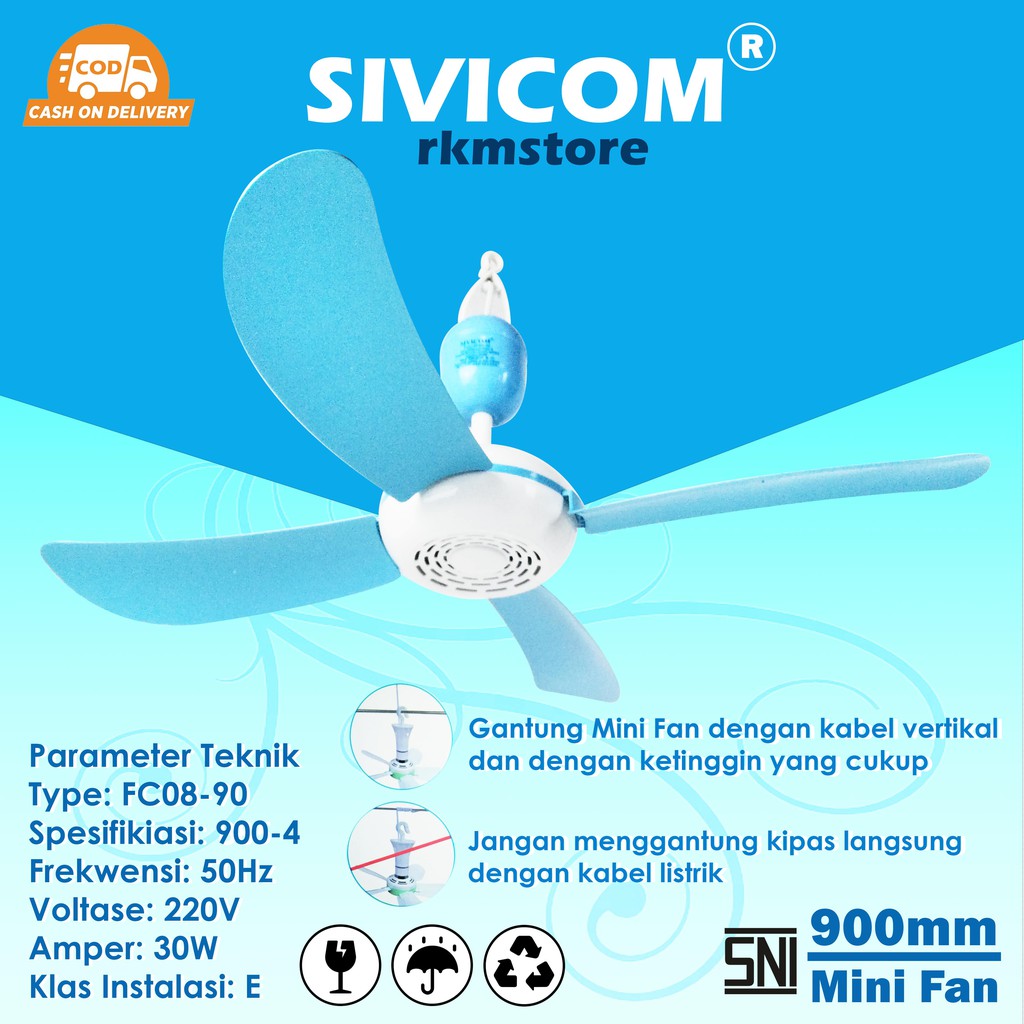 Kipas angin gantung Sivicom 4 BALING 30watt - Biru Muda